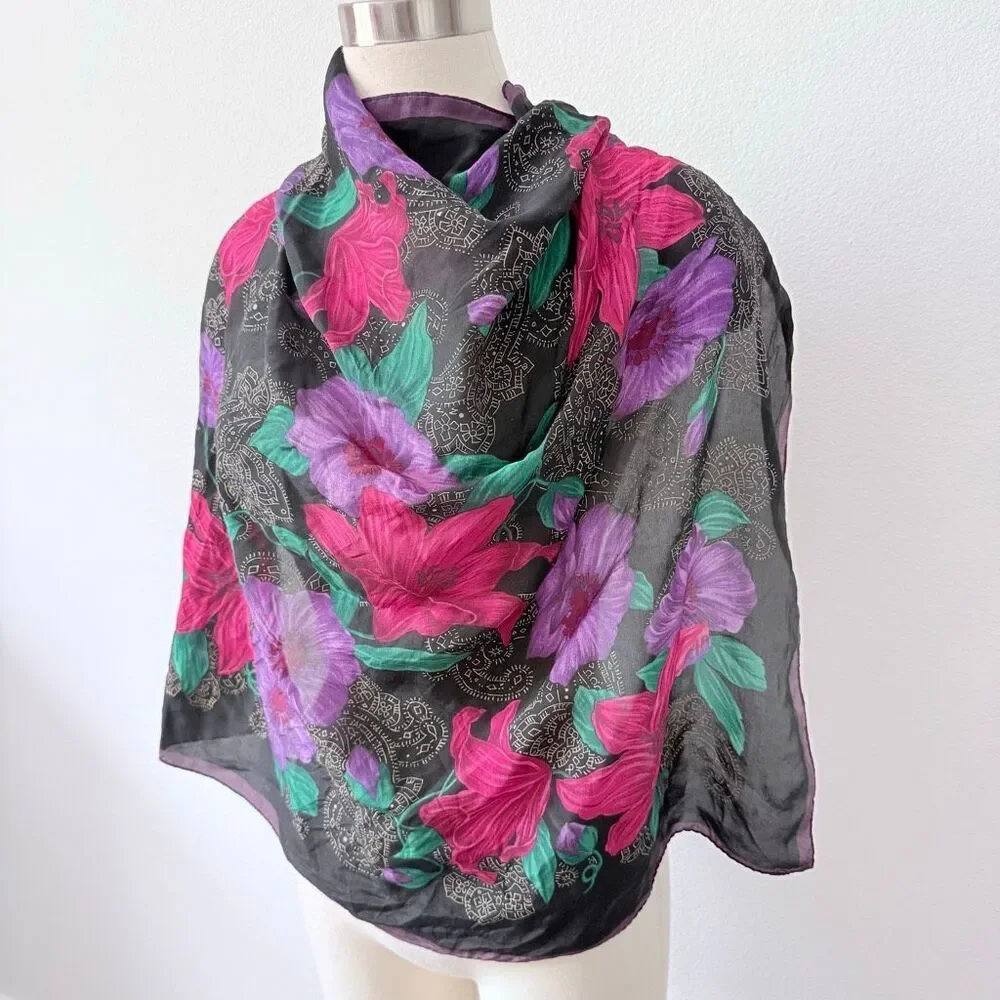 Vintage VTG The Specialty House Black Floral  Square Scarf Silk Mandala
